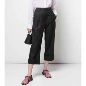 VINCE Pants Womens 10 Black Pleated Cuffed Cropped Straight Wide Leg 100% Cotton